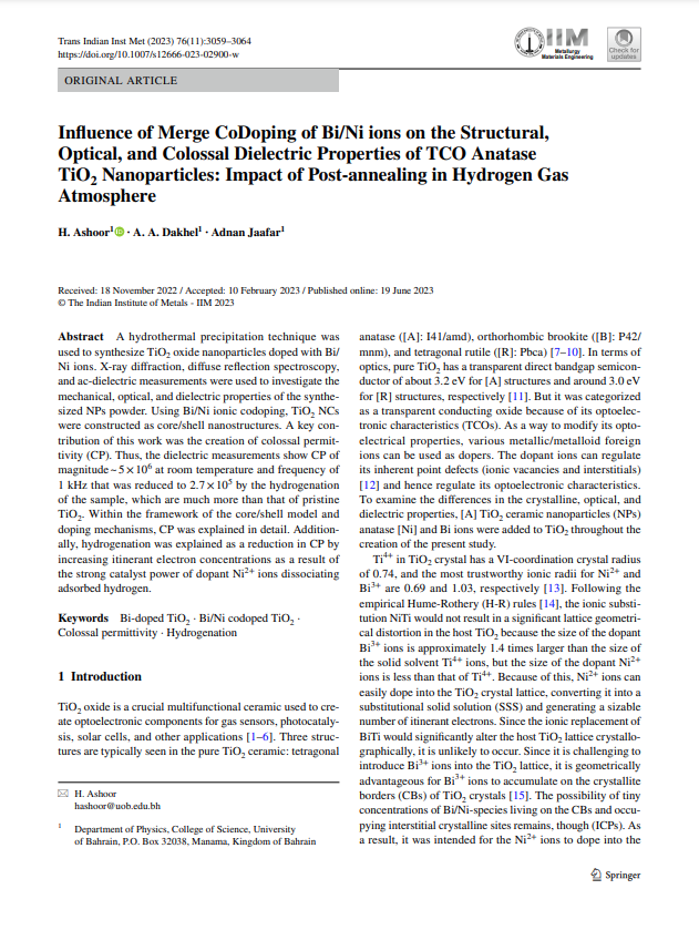 Infuence of Merge CoDoping of Bi/Ni ions on the Structural, Optical, and Colossal Dielectric Properties of TCO Anatase TiO2 Nanoparticles: Impact of Post‑annealing in Hydrogen Gas Atmosphere