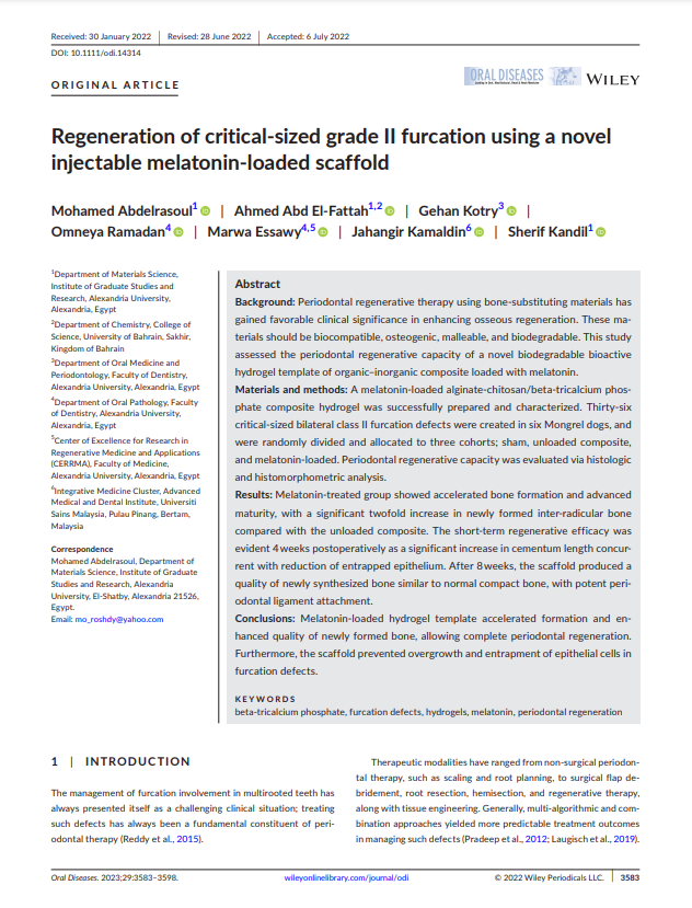 Regeneration of critical-sized grade II furcation using a novel injectable melatonin-loaded scaffold