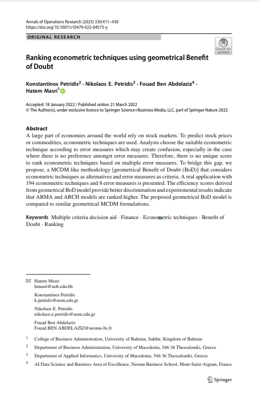 Ranking econometric techniques using geometrical Benefit of Doubt