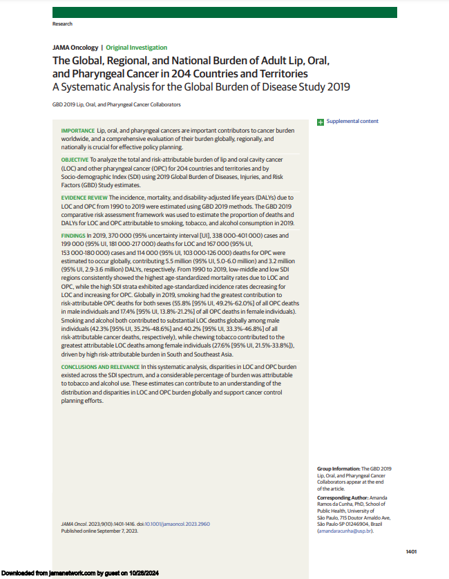 The Global, Regional, and National Burden of Adult Lip, Oral, and Pharyngeal Cancer in 204 Countries and Territories A Systematic Analysis for the Global Burden of Disease Study 2019