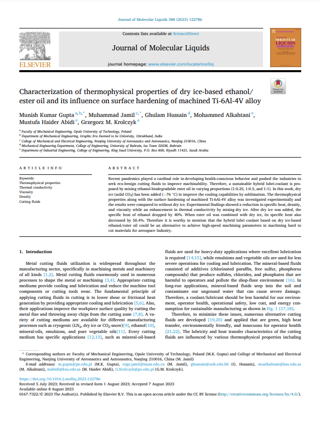 Characterization of thermophysical properties of dry ice-based ethanol/ ester oil and its influence on surface hardening of machined Ti-6Al-4V alloy 