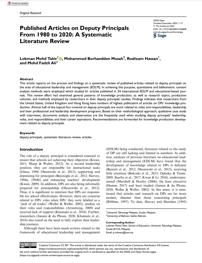 Published Articles on Deputy Principals From 1980 to 2020: A Systematic Literature Review