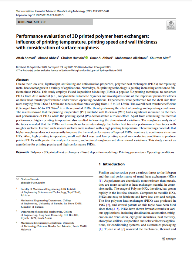 Performance evaluation of 3D printed polymer heat exchangers: infuence of printing temperature, printing speed and wall thickness with consideration of surface roughness