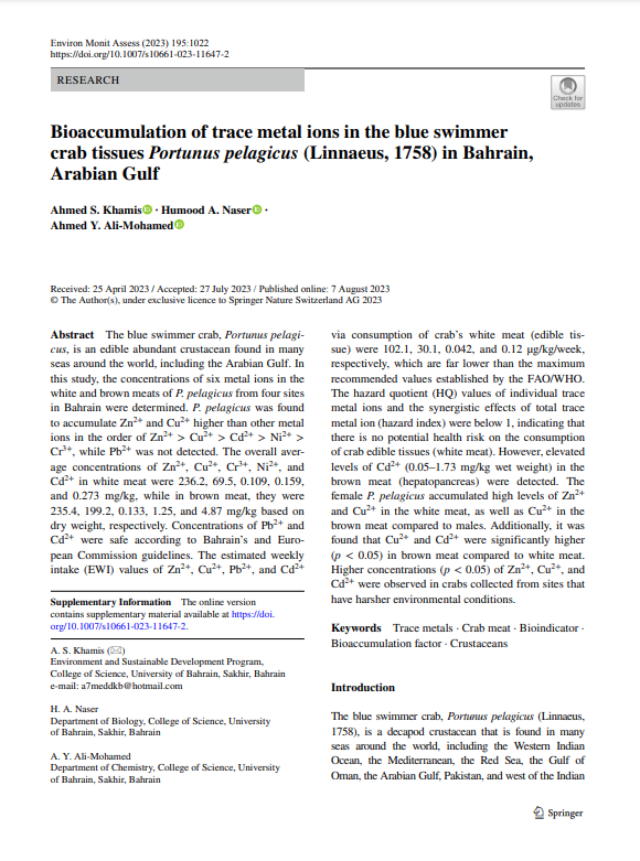 Bioaccumulation of trace metal ions in the blue swimmer crab tissues Portunus pelagicus (Linnaeus, 1758) in Bahrain, Arabian Gulf