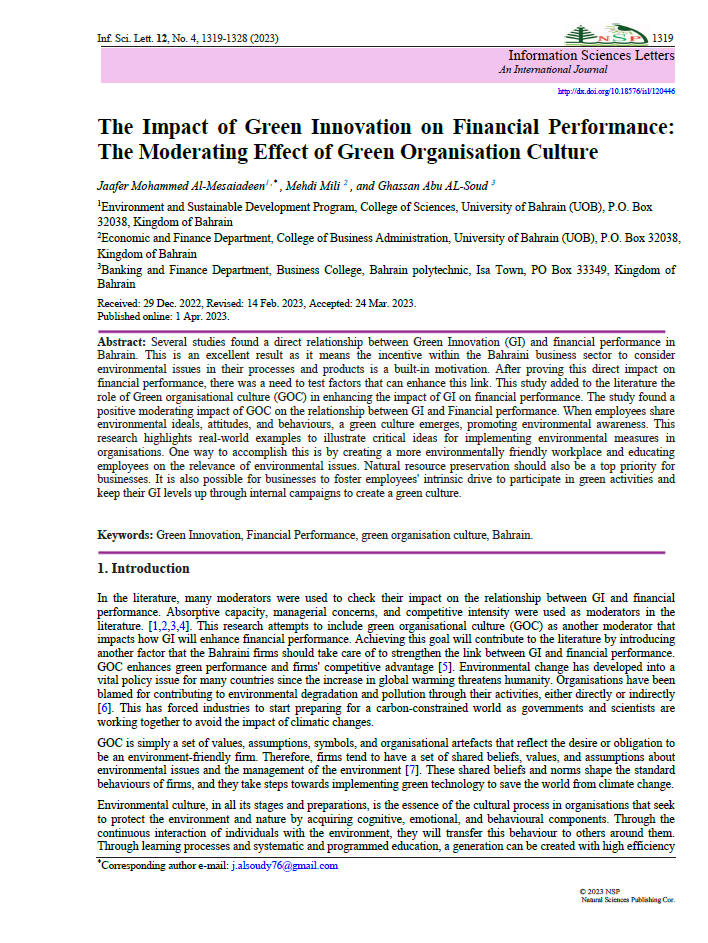 The Impact of Green Innovation on Financial Performance: The Moderating Effect of Green Organisation Culture 