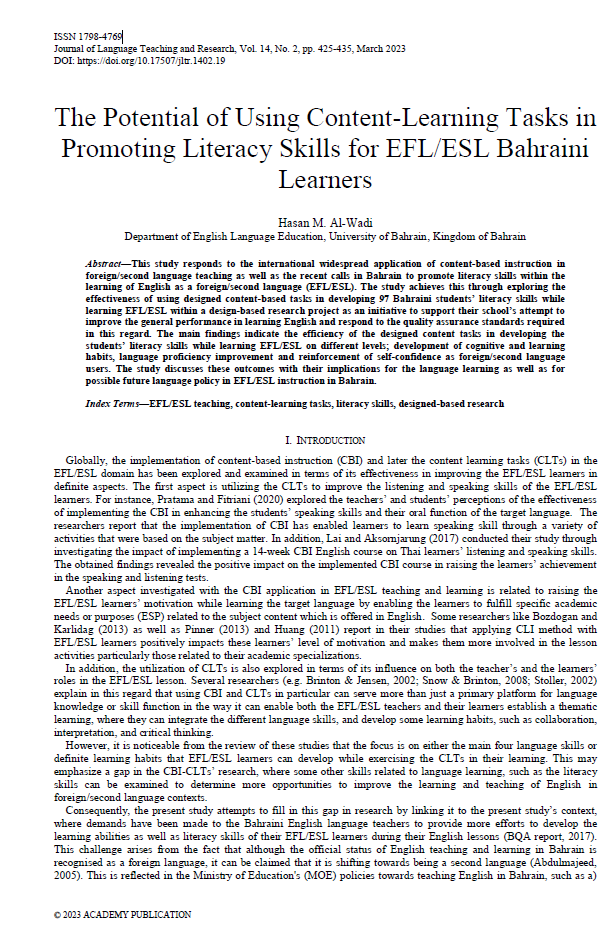 The Potential of Using Content-Learning Tasks in Promoting Literacy Skills for EFLESL Bahraini Learners 