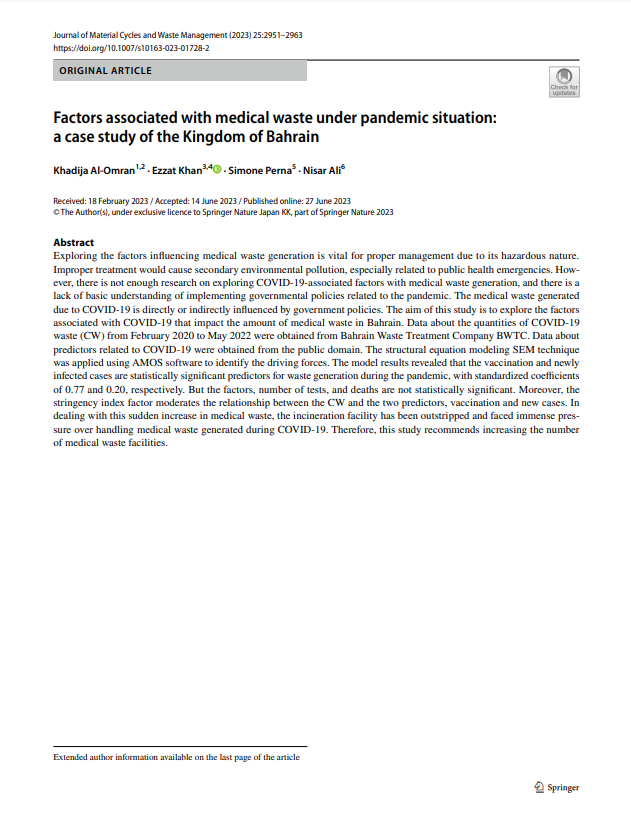 Factors associated with medical waste under pandemic situation: a case study of the Kingdom of Bahrain