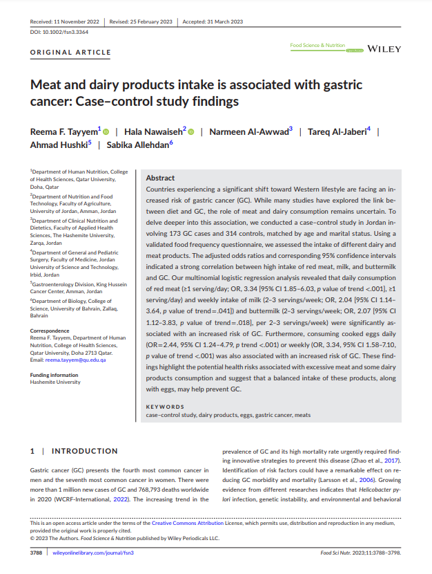 Meat and dairy products intake is associated with gastric cancer: Case–control study findings