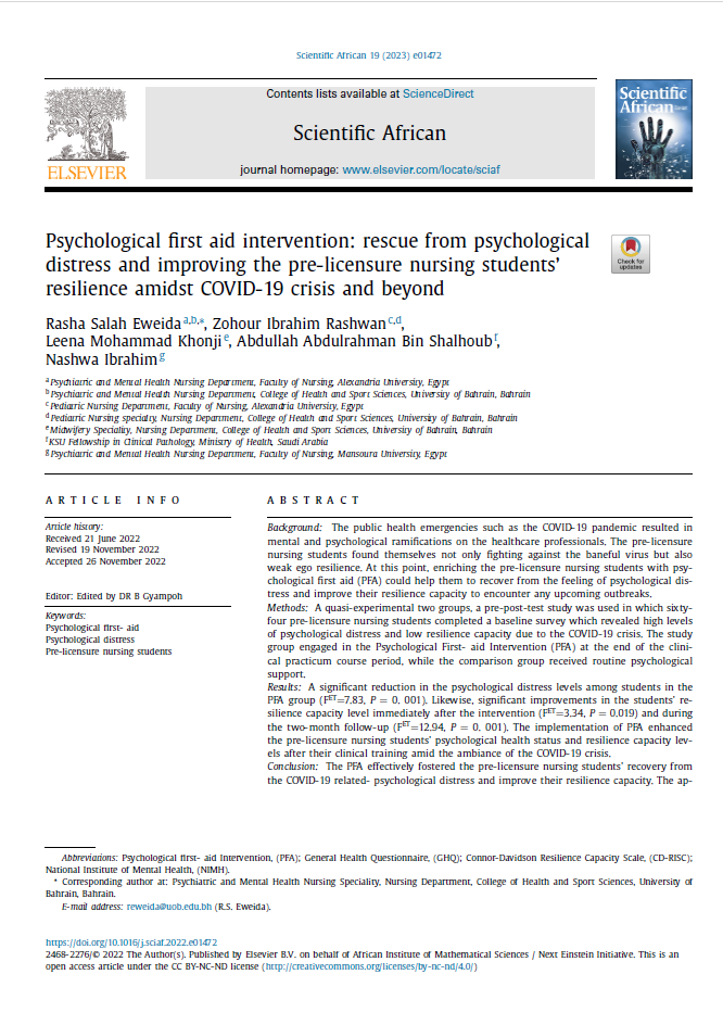 Psychological first aid intervention: rescue from psychological distress and improving the pre-licensure nursing students’ resilience amidst COVID-19 crisis and beyond