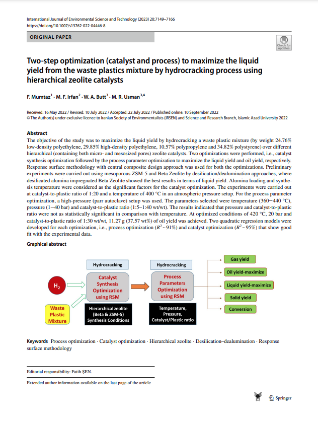 Two‑step optimization (catalyst and process) to maximize the liquid yield from the waste plastics mixture by hydrocracking process using hierarchical zeolite catalysts