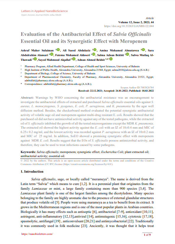 Evaluation of the Antibacterial Effect of Salvia Officinalis Essential Oil and its Synergistic Effect with Meropenem