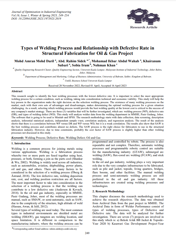 Types of Welding Process and Relationship with Defective Rate in Structural Fabrication for Oil & Gas Project