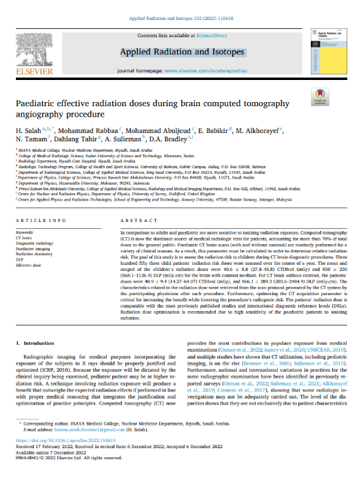 Paediatric effective radiation doses during brain computed tomography angiography procedure