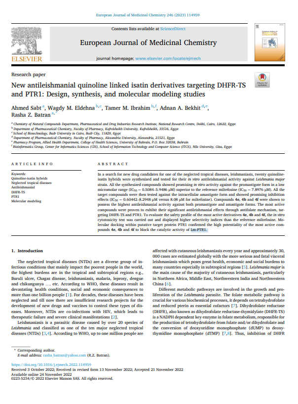 New antileishmanial quinoline linked isatin derivatives targeting DHFR-TS and PTR1: Design, synthesis, and molecular modeling studies 