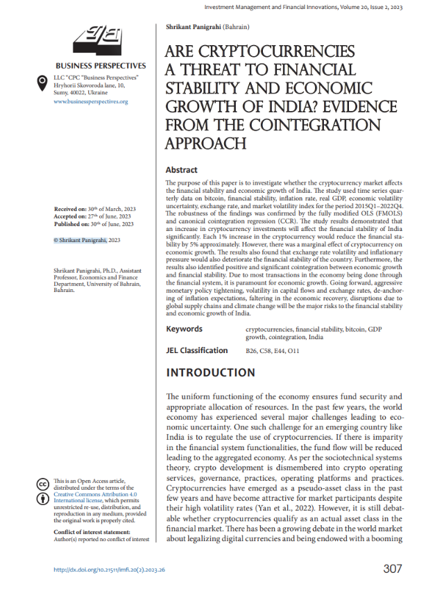 Are cryptocurrencies a threat to financial stability and economic growth of India? Evidence from the cointegration approach