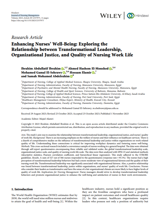 Enhancing Nurses’ Well-Being: Exploring the Relationship between Transformational Leadership, Organizational Justice, and Quality of Nursing Work Life