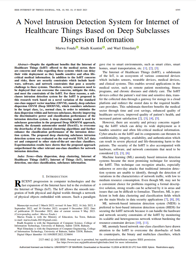 A Novel Intrusion Detection System for Internet of Healthcare Things Based on Deep Subclasses Dispersion Information