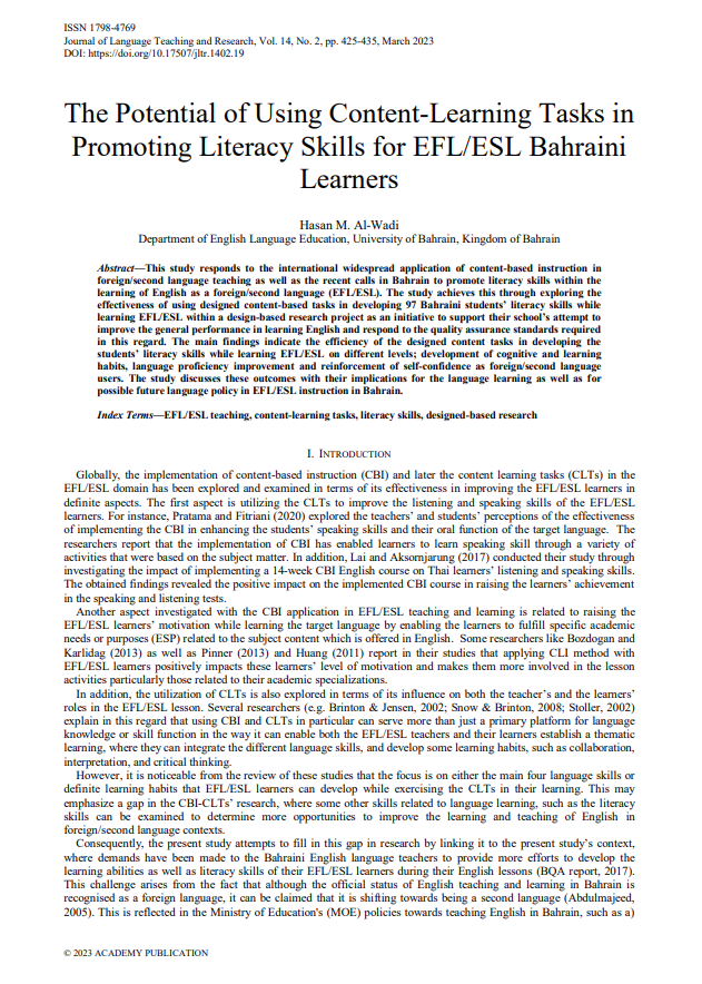 The Potential of Using Content-Learning Tasks in  Promoting Literacy Skills for EFL/ESL Bahraini  Learners