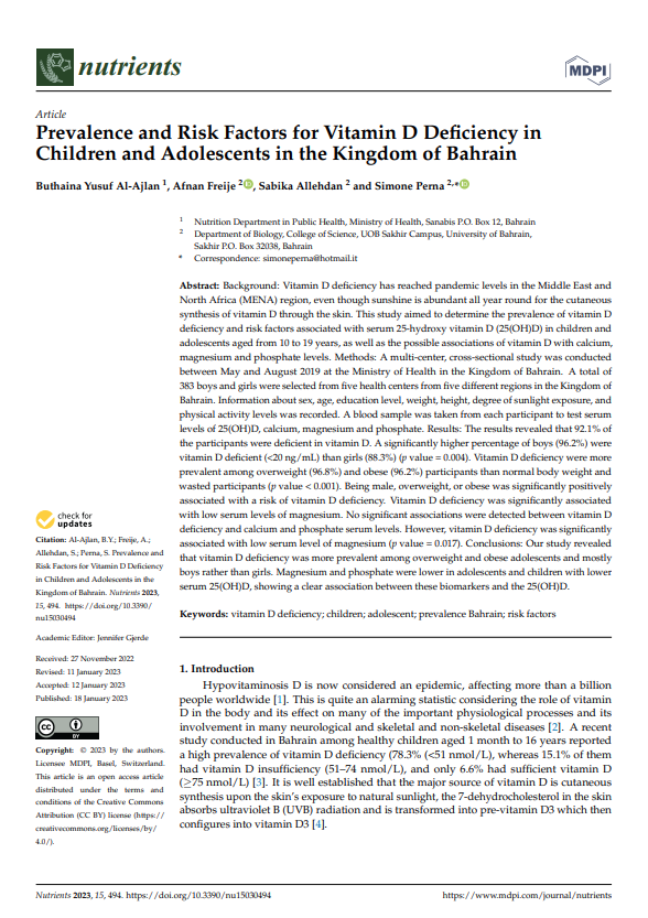 Prevalence and Risk Factors foVitamin D Deficiency in Children and Adolescents in the Kingdom of Bahrain 
