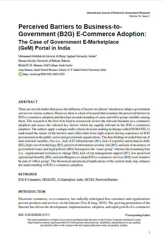 Perceived Barriers to Business-to-Government (B2G) E-Commerce Adoption: The Case of Government E-Marketplace (GeM) Portal in India 
