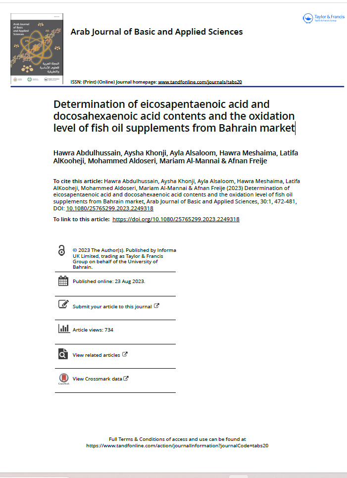 Determination of eicosapentaenoic acid and docosahexaenoic acid contents and the oxidation level of fish oil supplements from Bahrain market 