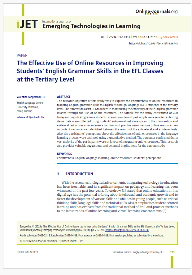 The Effective Use of Online Resources in Improving Students’ English Grammar Skills in the EFL Classes at the Tertiary Level 
