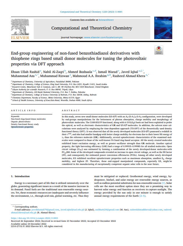 End-group engineering of non-fused benzothiadiazol derivatives with thiophene rings based small donor molecules for tuning the photovoltaic properties via DFT approach 