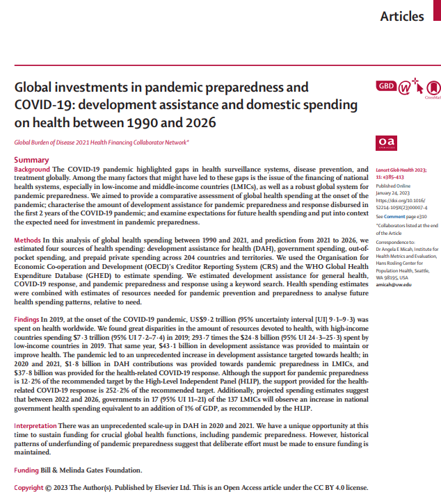 Global investments in pandemic preparedness and  COVID-19: development assistance and domestic spending  on health between 1990 and 2026