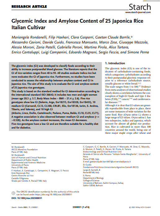 Glycemic Index and Amylose Content of 25 Japonica Rice Italian Cultivar