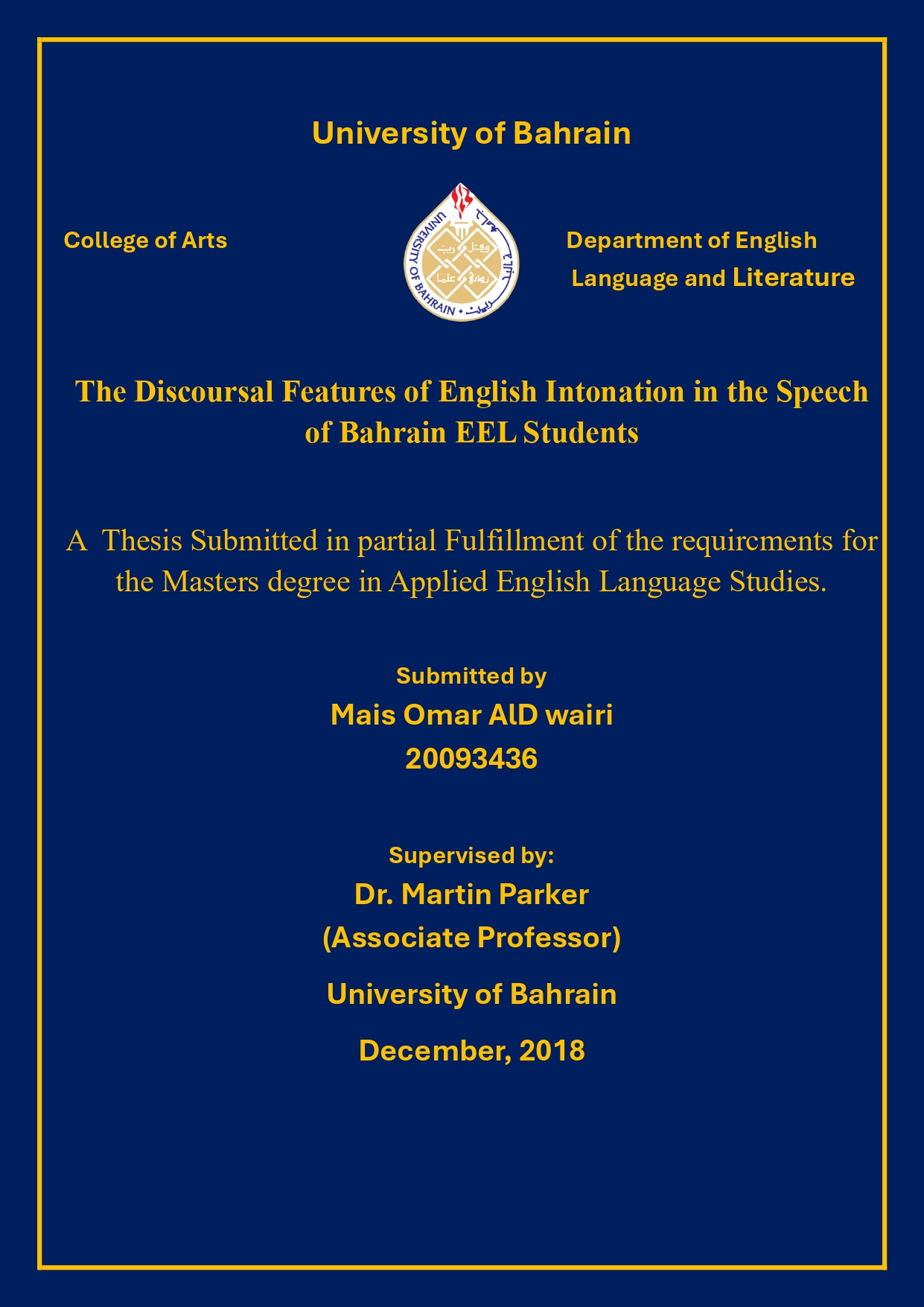The Discoursal Features of English  Intonation in the Speech of Bahraini EFL Students